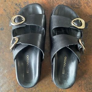 Bernardo Evie Black Slide Sandals with Gold Buckles